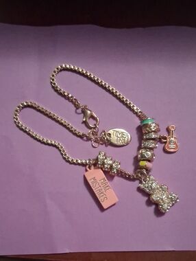 Time and Tru Pink and Gold Charm Bracelet with Teddy, Guitar and Tag